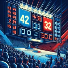 A basketball scoreboard showing 42-32