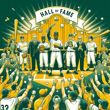 A celebratory image of baseball superstars being inducted into the Hall of Fame, honoring their remarkable achievements