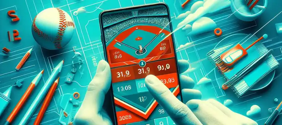 A person placing a live bet with the best odds on a mobile phone while watching the baseball game from home