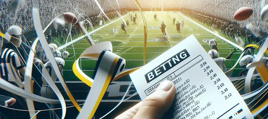 An image showing a college football game with a betting slip in the foreground, representing the excitement of college football sports betting.