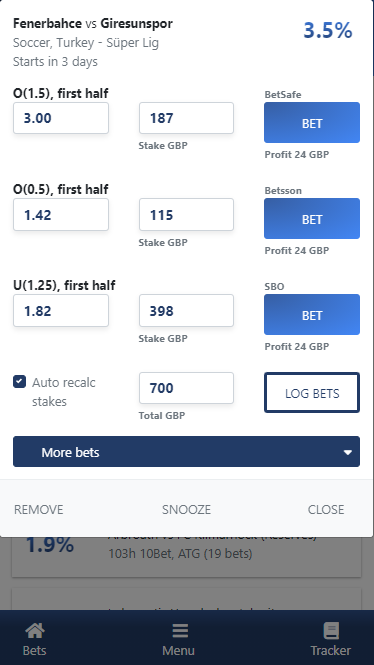 Built in Sure Betting Calculator in RebelBetting