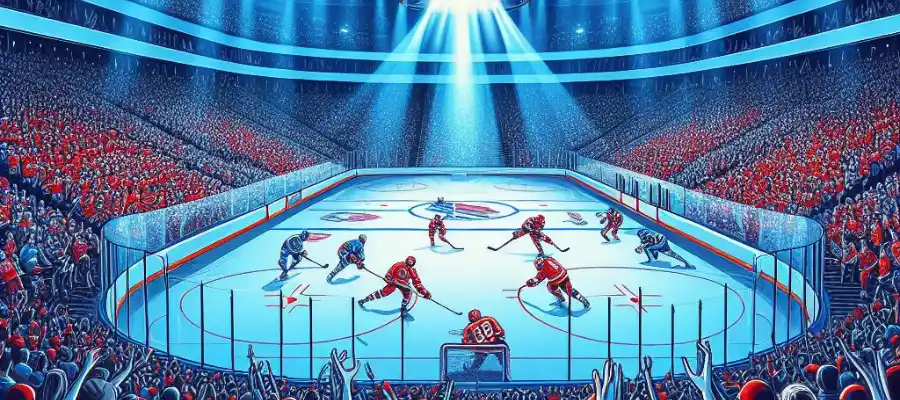 NHL hockey game with intense action and enthusiastic fans in the stadium