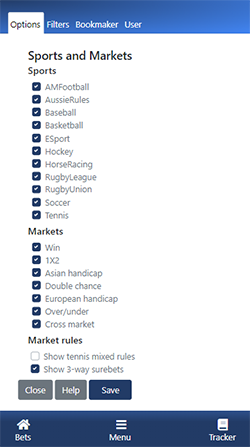 Sports and Markets settings in RebelBetting