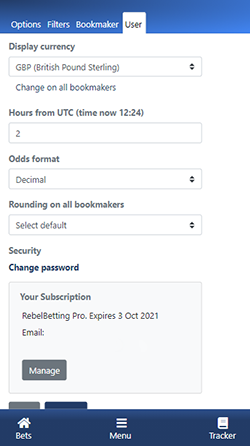 User settings in RebelBetting