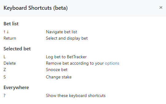 Keyboard shortcuts in RebelBetting