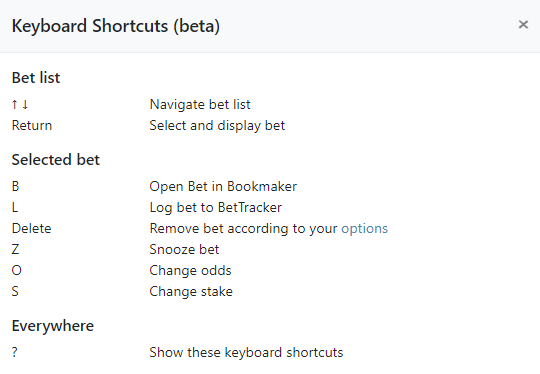 Keyboard shortcuts for value betting