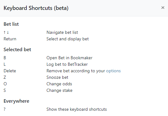 Keyboard shortcuts in RebelBetting