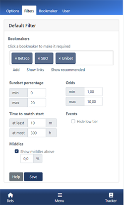 Filter settings in RebelBetting